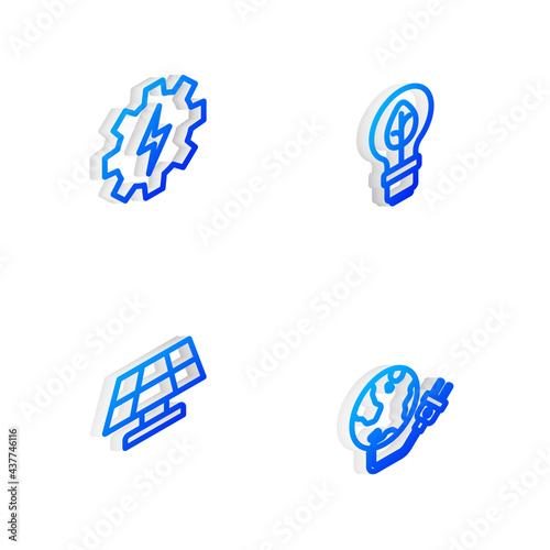 Set Isometric line Light bulb with leaf, Gear and lightning, Solar energy panel and Global power planet icon. Vector
