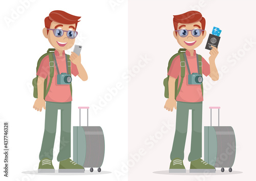 Summer vacation concept. Traveling with baggage and holding passport.
