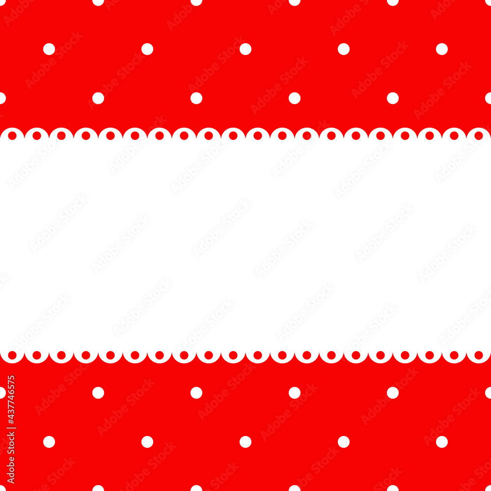 blank template, layout: white lace stripe on red polka dot background, vector flat illustration. blank template, layout: white lace stripe on red polka dot background, vector flat illustration.