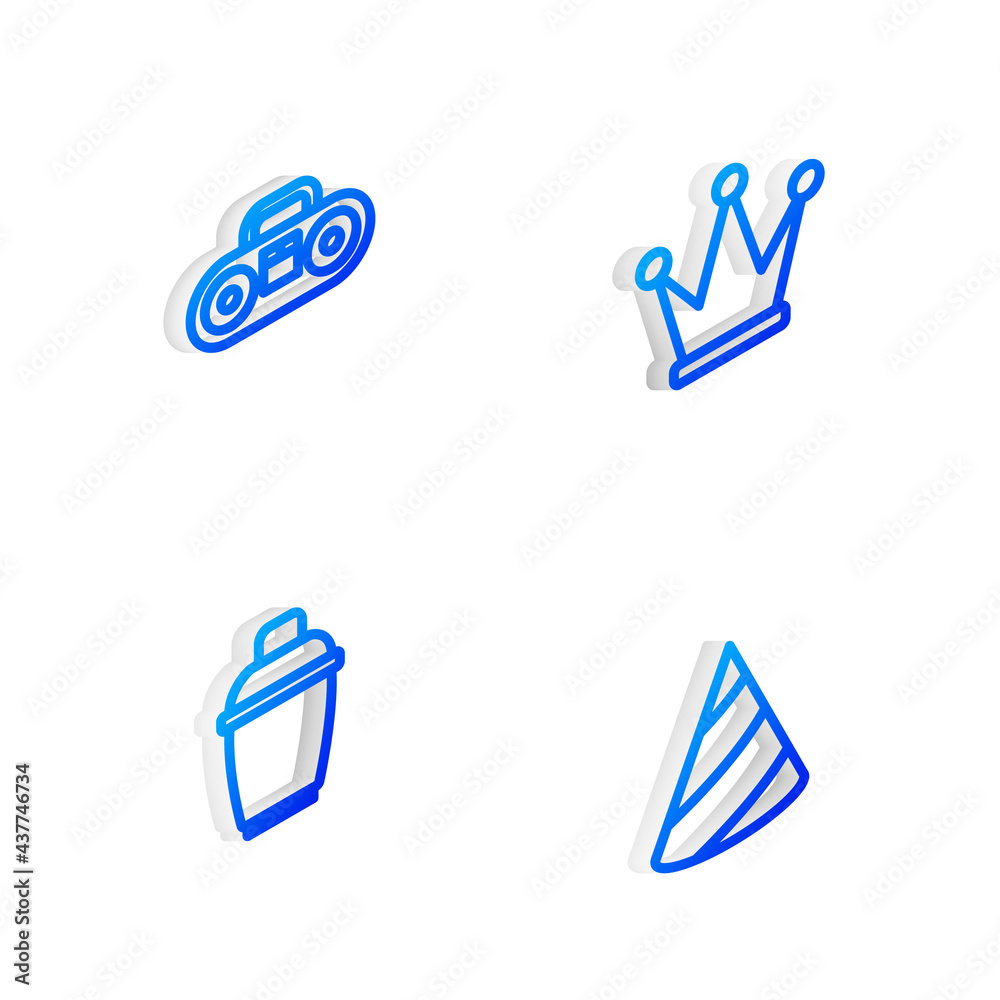Set Isometric line Crown, Home stereo with two speakers, Cocktail shaker and Party hat icon. Vector Set Isometric line Crown, Home stereo with two speakers, Cocktail shaker and Party hat icon. Vector
