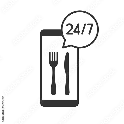 Mobile phone with fork and knife. 24/7 food delivery icon inside speech bubble. Online food ordering application. Non stop delivery idea. Pre-order meal concept. Vector illustration, flat, clip art. 