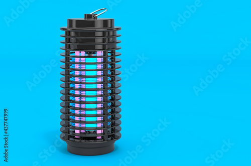 Obraz na plátně Lamp mosquito electric insect killer, lantern on blue backdrop, 3D rendering