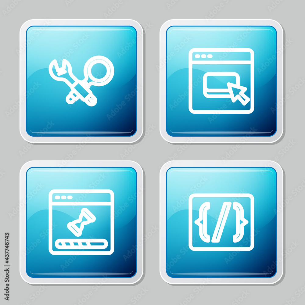 Set line Debugging, Browser files, Loading data window and Programming language syntax icon. Vector Set line Debugging, Browser files, Loading data window and Programming language syntax icon. Vector