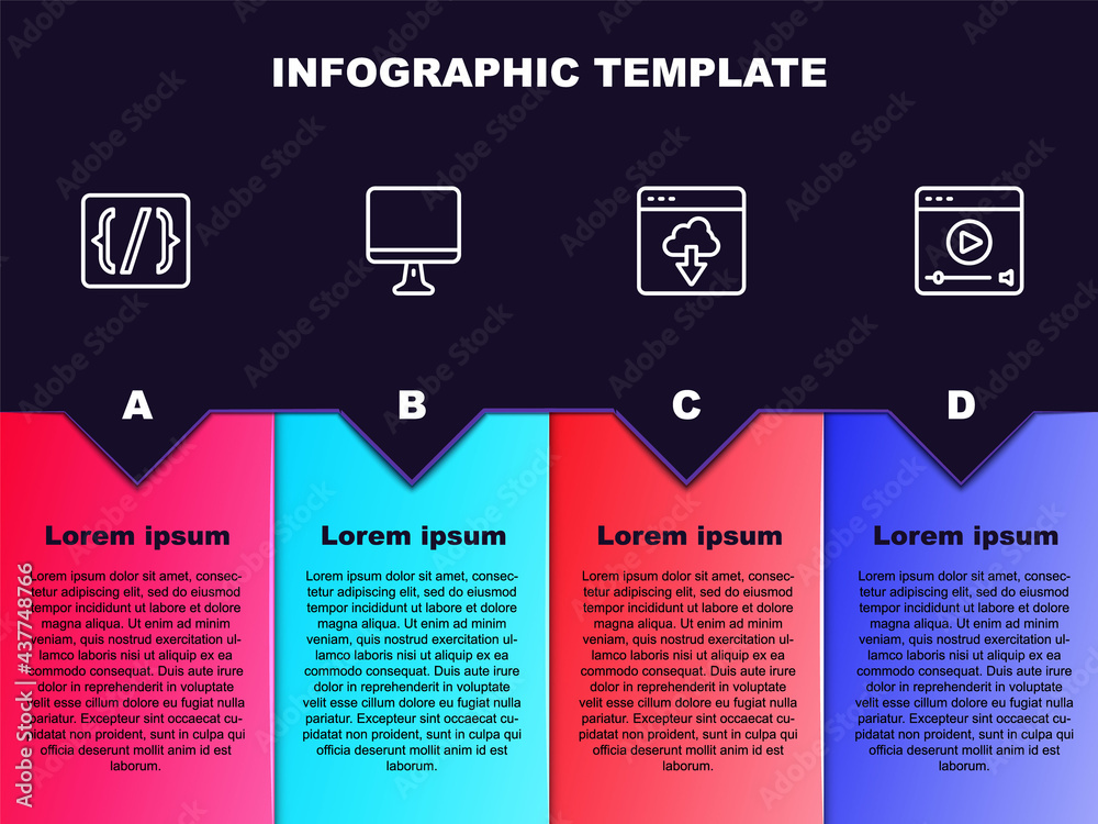 Set line Programming language syntax, Computer monitor screen, Cloud technology data transfer and Online play video. Business infographic template. Vector Set line Programming language syntax, Computer monitor screen, Cloud technology data transfer and Online play video. Business infographic template. Vector