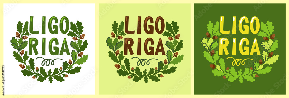 Fototapeta Ligo Riga logo. A wreath of oak leaves and the writing of Ligo Riga.