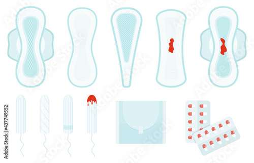 Female menstrual cycle, flat icon set. Pads, tampons, menstrual cup, period calendar, pills and other feminine hygiene items. The female menstrual cycle. Vector illustration