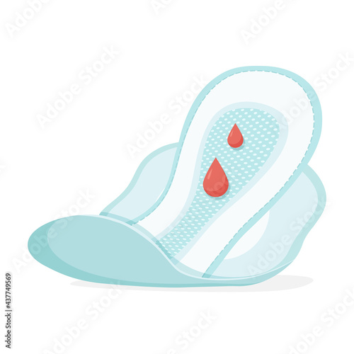 Feminine pad, sanitary napkin with blood drop isolated on white background, menstruation concept vector flat illustration