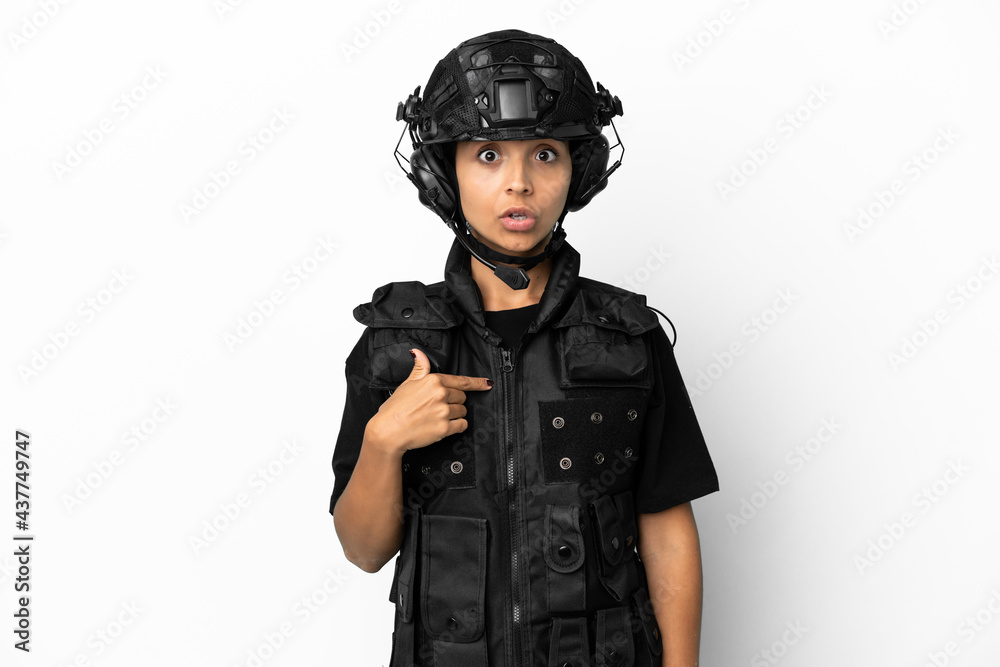 SWAT woman isolated on white background pointing to oneself SWAT woman isolated on white background pointing to oneself