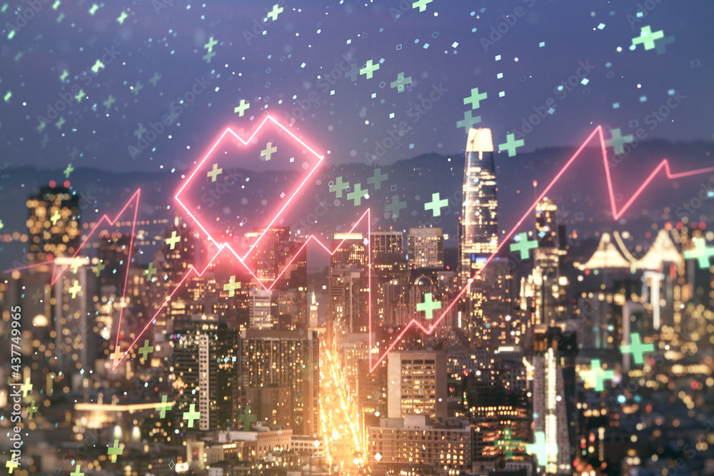 Obraz premium Double exposure of abstract virtual heart rate hologram on San Francisco city skyscrapers background. Healthcare technolody concept