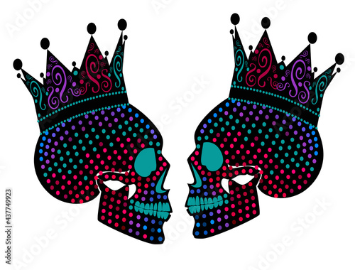 Skull king twins neon color isolated on the white background, vector illustration.