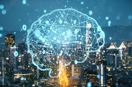 Virtual creative artificial Intelligence hologram with human brain sketch on San Francisco cityscape background. Double exposure © Pixels Hunter