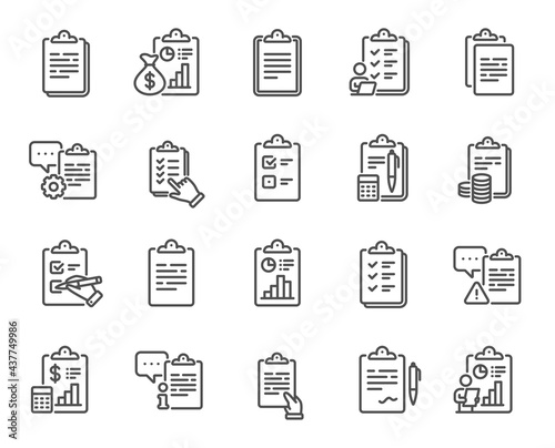 Checklist documents line icons. Agreement info, Clipboard manager, Accounting Report. Medical schedule, Document list and Voting checklist line icons. Data calculation, Contract document. Vector