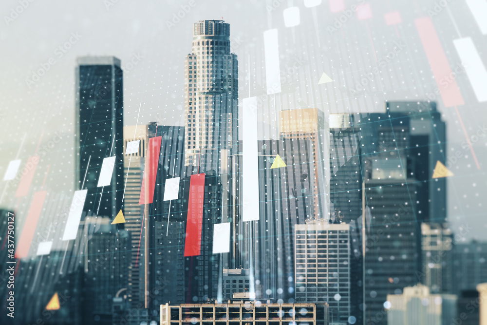 Obraz premium Multi exposure of virtual abstract financial graph hologram and world map on Los Angeles cityscape background, financial and trading concept