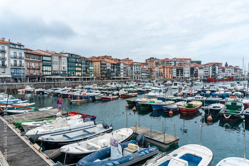 Boats in the maritime port of the Lekeitio municipality, Bay of Biscay in the Cantabrian Sea. Basque Country