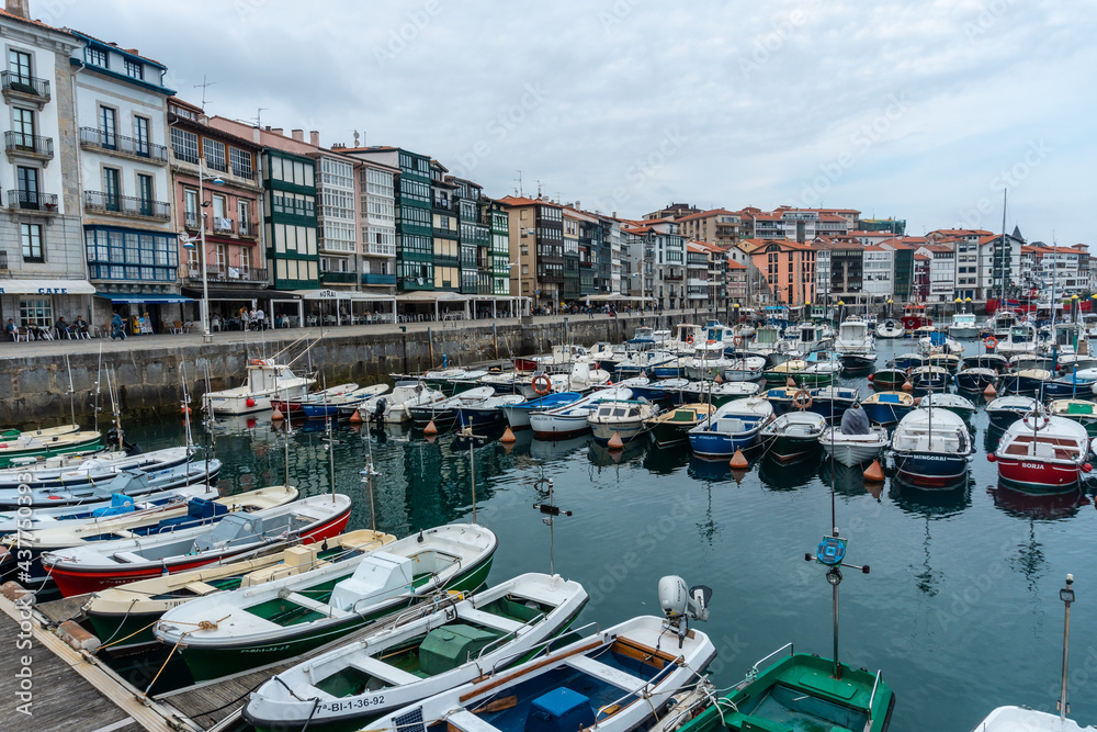 Boats in the maritime port of the Lekeitio municipality, Bay of Biscay in the Cantabrian Sea. Basque Country