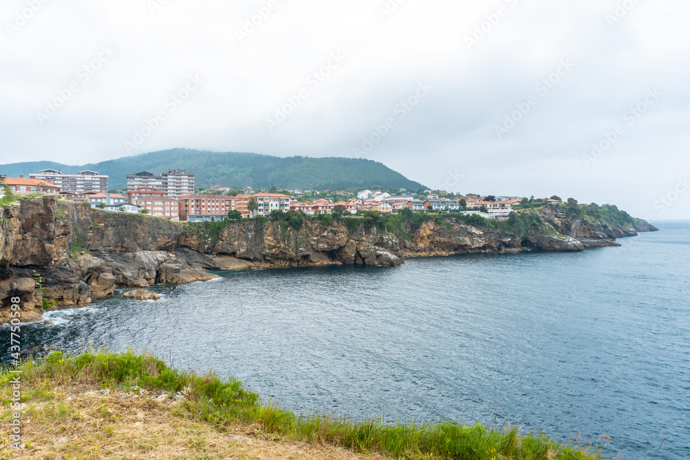 Coast full of houses of the Lekeitio municipality, Bay of Biscay in the Cantabrian Sea. Basque Country