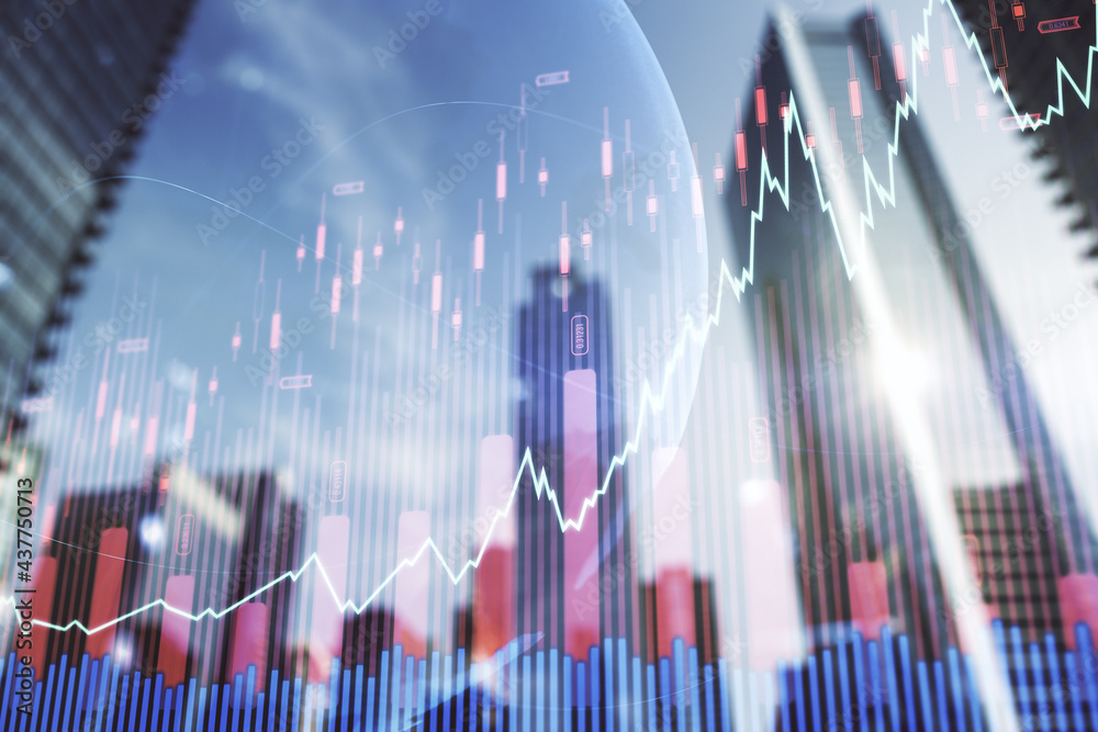 Double exposure of abstract financial graph with world map on office buildings background, financial and trading concept Double exposure of abstract financial graph with world map on office buildings background, financial and trading concept
