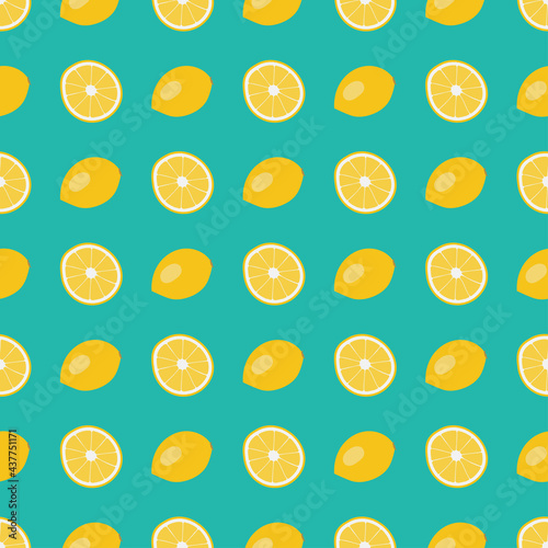Summer seamless pattern with juicy lemons and lemon slices on green background. Vector illustration