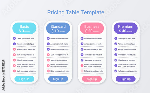 Price table chart template with 4 columns. Vector illustration.