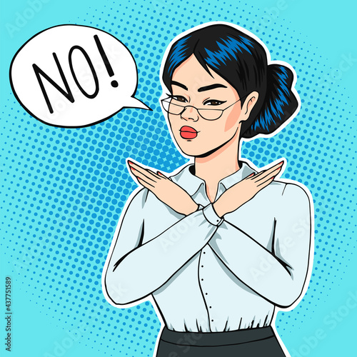 Serious face business woman saying no with hand crossed gesture, asian businesswoman pop art comic vector illustration