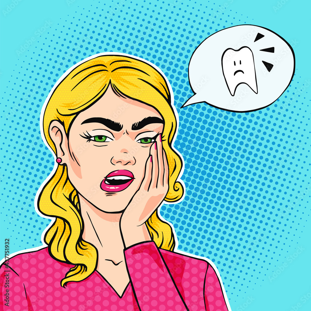 Woman with acute toothache holdint her cheek, tooth hurts vector illustration in pop art comic style Woman with acute toothache holdint her cheek, tooth hurts vector illustration in pop art comic style