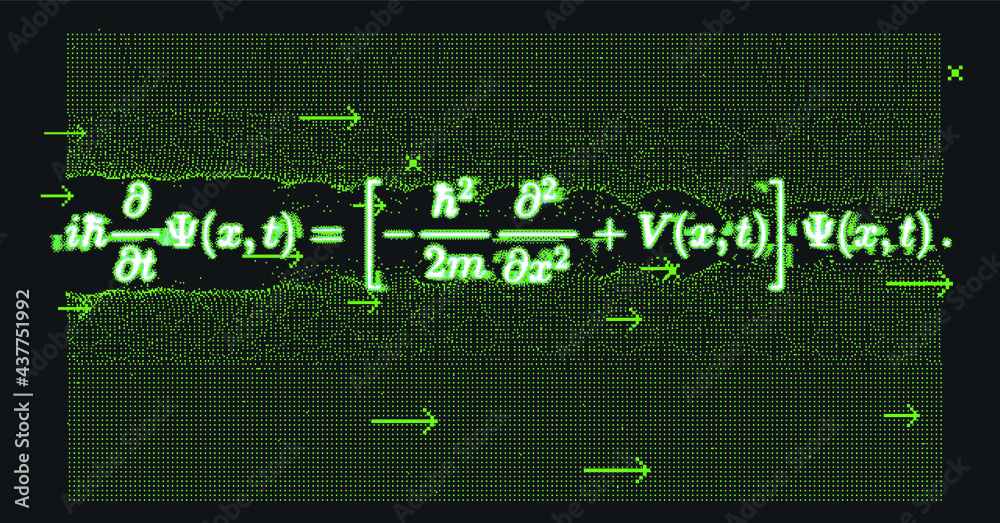 Erwin Schroedinger's linear partial differential equation that describes the wave function of a quantum-mechanical system. Abstract vector illustration with formula and particle field. Erwin Schroedinger's linear partial differential equation that describes the wave function of a quantum-mechanical system. Abstract vector illustration with formula and particle field.