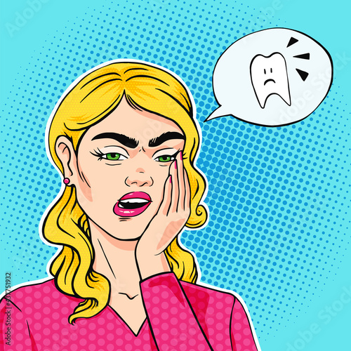 Woman with acute toothache holdint her cheek, tooth hurts vector illustration in pop art comic style
