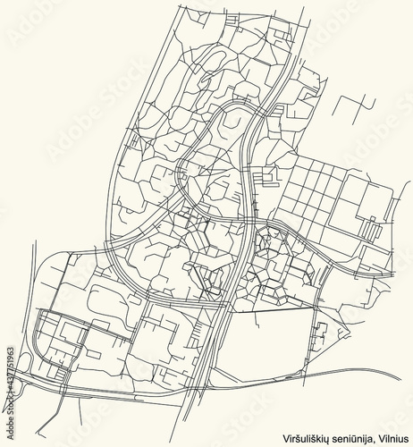 Black simple detailed street roads map on vintage beige background of the quarter Viršuliškės eldership (Viršuliškių seniūnija) of Vilnius, Lithuania photo