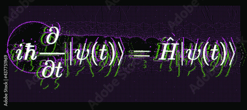 Erwin Schroedinger's linear partial differential equation that describes the wave function of a quantum-mechanical system. Abstract vector illustration with formula and particle field.