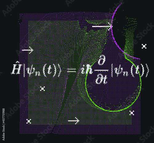 Erwin Schroedinger's linear partial differential equation that describes the wave function of a quantum-mechanical system. Abstract vector illustration with formula and particle field.