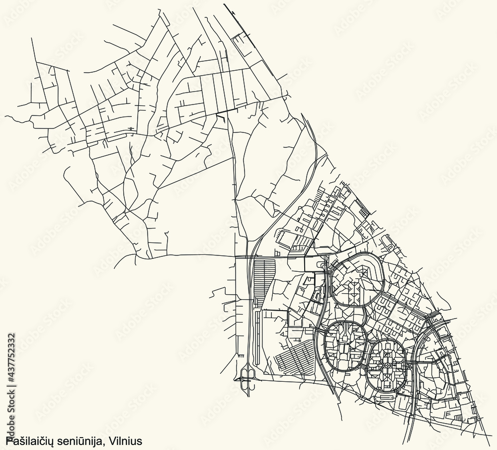 Black simple detailed street roads map on vintage beige background of the quarter Pašilaičiai eldership (Pašilaičių seniūnija) of Vilnius, Lithuania