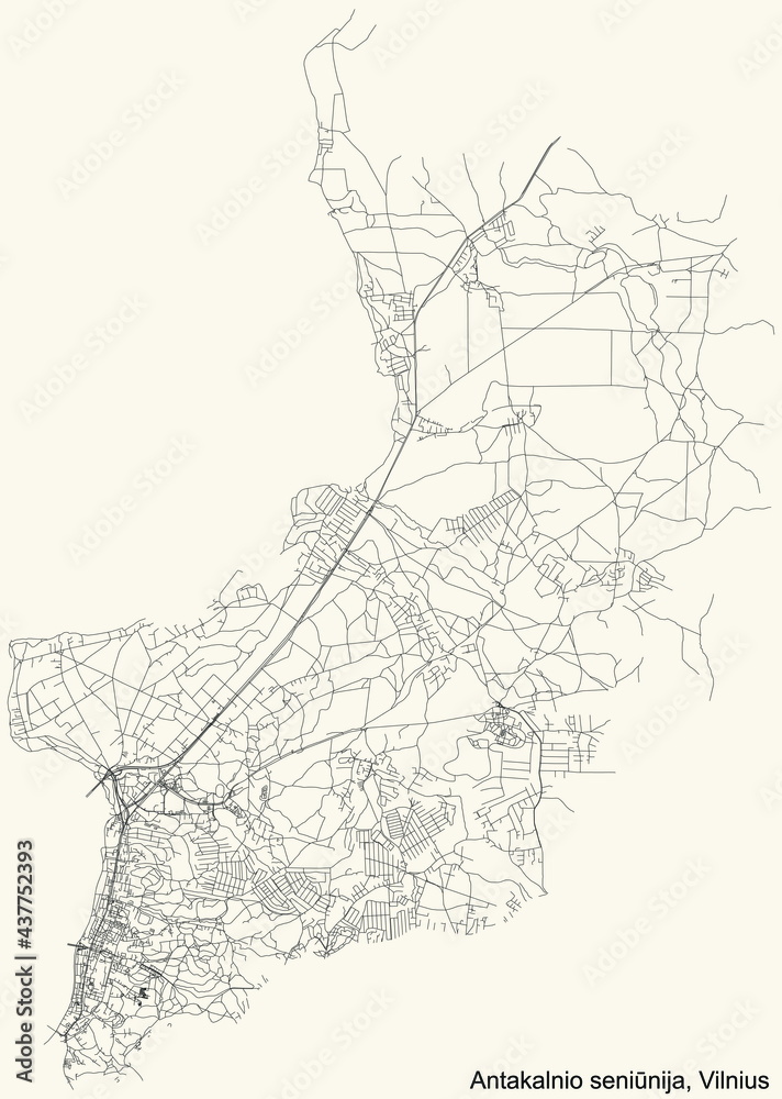 Fototapeta premium Black simple detailed street roads map on vintage beige background of the quarter Antakalnis eldership (Antakalnio seniūnija) of Vilnius, Lithuania