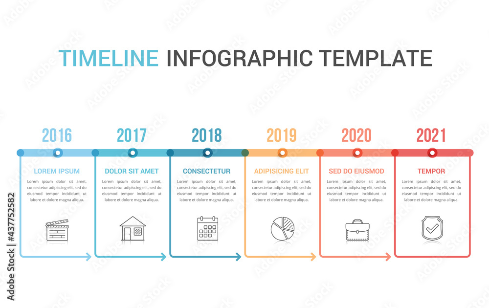 Horizontal timeline template with six arrows, infographic template for web, business, presentations, workflow or process diagram Horizontal timeline template with six arrows, infographic template for web, business, presentations, workflow or process diagram