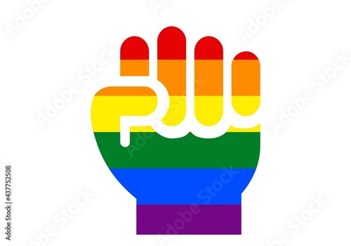 Puño cerrado con la bandera LGTBIQ+ en señal de lucha sobre fondo blanco. Día del orgullo
