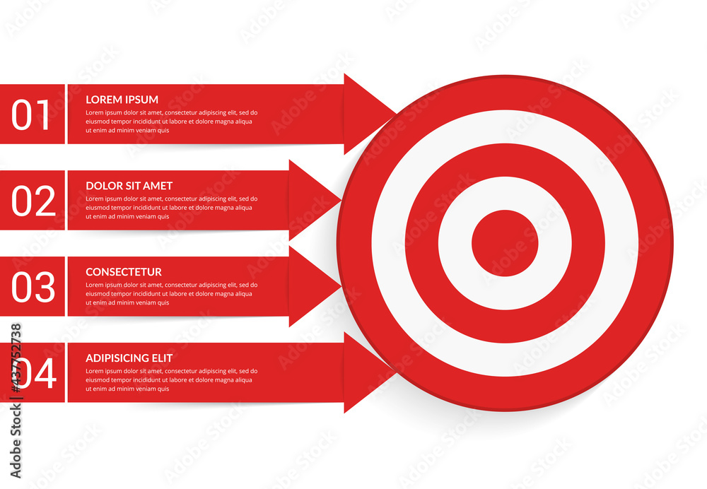 4 Steps to your goal concept, infographic template with target with 4 arrows with text and numbers