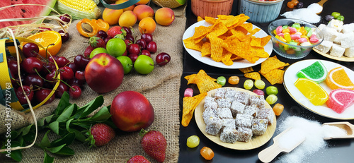 fresh fruits and unhealthy foods for healthy eating