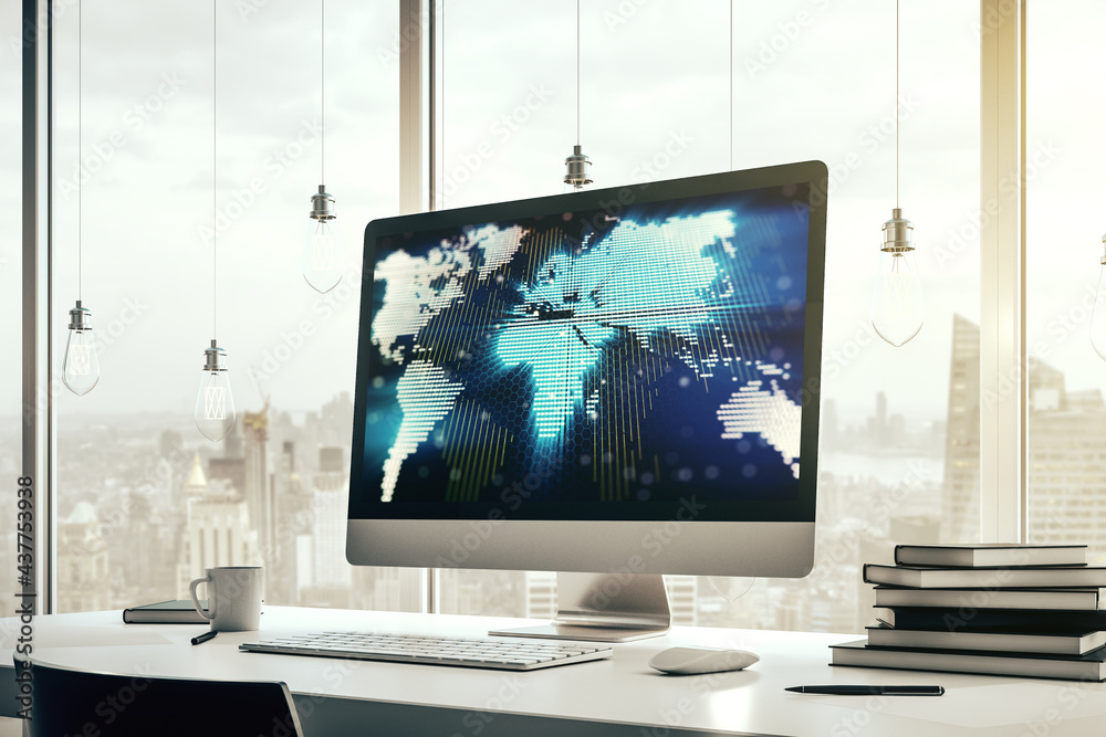 Fototapeta premium Abstract creative world map on modern laptop screen, international trading concept. 3D Rendering