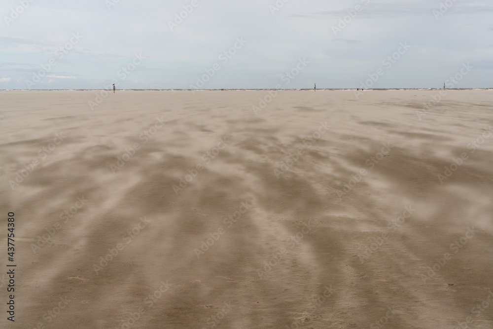 beautiful idyllic beach with a strong wind whipping sand along beautiful idyllic beach with a strong wind whipping sand along