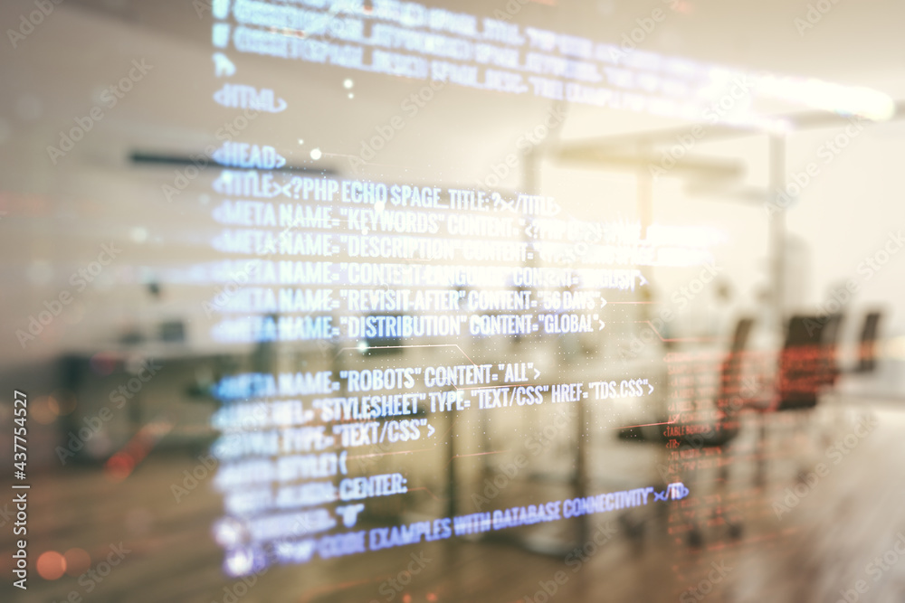 Double exposure of abstract programming language interface on modern corporate office background, research and development concept