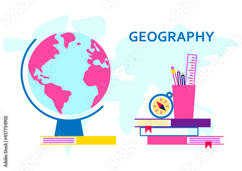 Geography vector illustration for school subject design. Globe, maps, compass and others school subjects. School and study subjects. Geography science vector illustration. Education and science banner