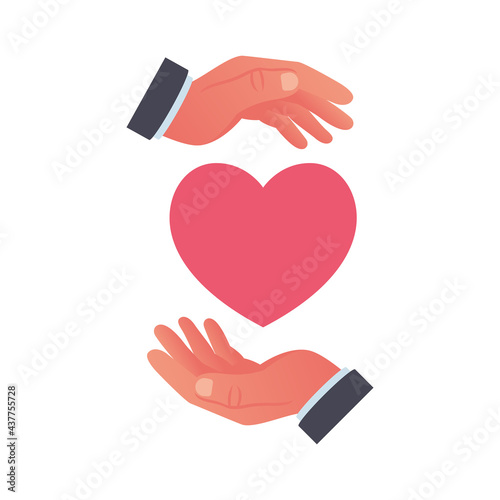 Charity concept. Donator holding heart in their hands. Vector illustration flat design. Isolated on white background. Volunteer icon Poster. Human helping. Healthcare.
