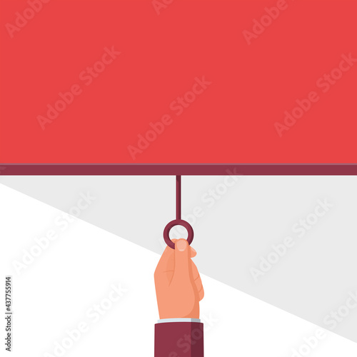 Hand curtain. Man hand lowers down the curtain. Place for text. Vector illustration flat style. Isolated on white background. Banner for design. photo