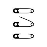 Safety pin. Set of pin, open and closed and fastened. Black silhouette icon. Glyph tool tailor. Vector illustration flat design. Isolated on white background.