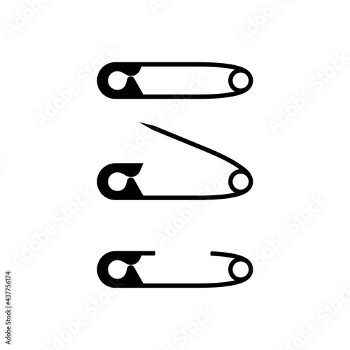 Safety pin. Set of pin, open and closed and fastened. Black silhouette icon. Glyph tool tailor. Vector illustration flat design. Isolated on white background.