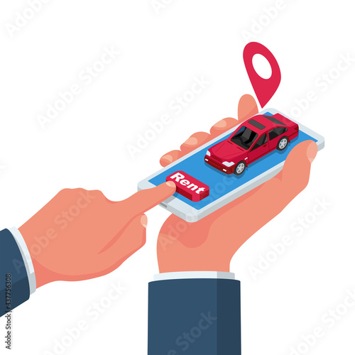 Rent car, concept. Man holding smartphone in hand, to online rent a auto. Modern technologies. Application on a device, convenience and service. Vector illustration isometric design. Booking car.
