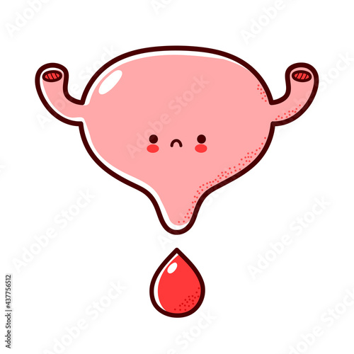 Cute sad funny human bladder organ character with blood drop. Vector flat line cartoon kawaii character illustration icon. Isolated on white background. Bladder and blood character mascot concept