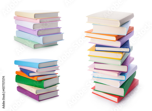 Set of colorful books isolated on white background. Collection of different books. Hardback books for reading. Back to school and education learning concept