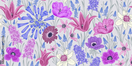 Spring background. Floral seamless pattern. Vector. Vintage. #437757726
