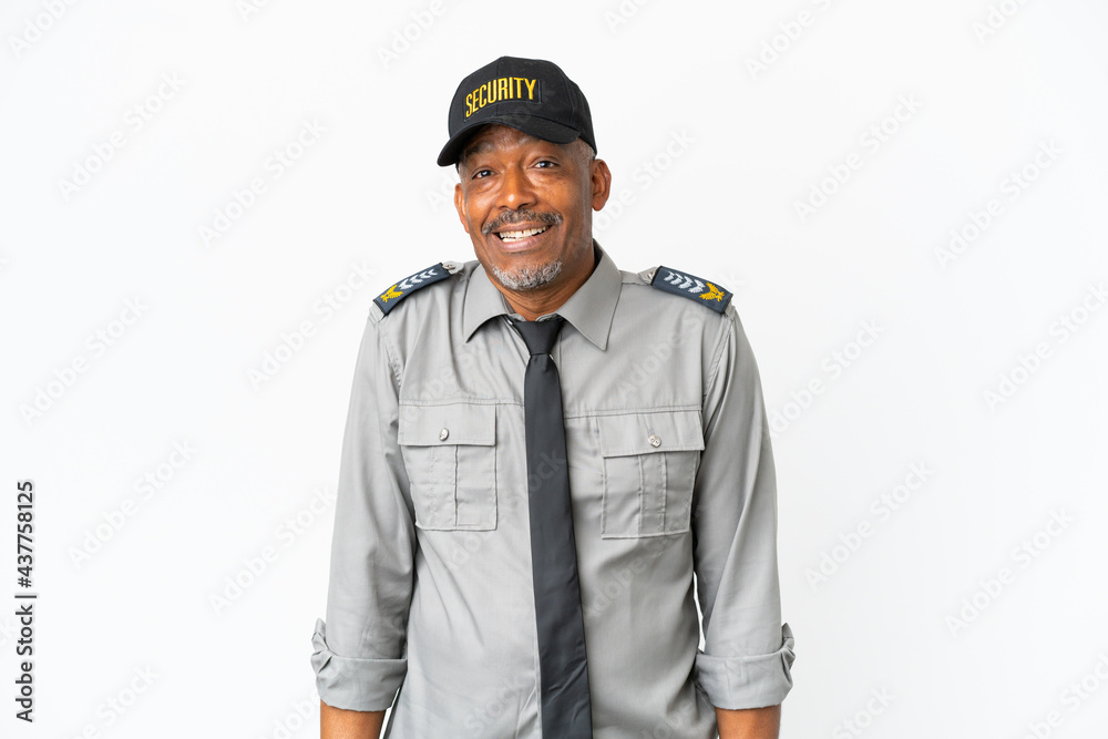 Senior staff man isolated on white background laughing in lateral position Senior staff man isolated on white background laughing in lateral position