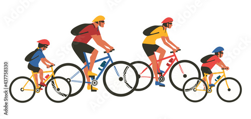 Family Cycling Sport Activity flat color vector isolated. Mom, dad, son, daughter on bicycle cartoon design element. Family together sport lifestyle concept. Father, mother, kid bicycling illustration